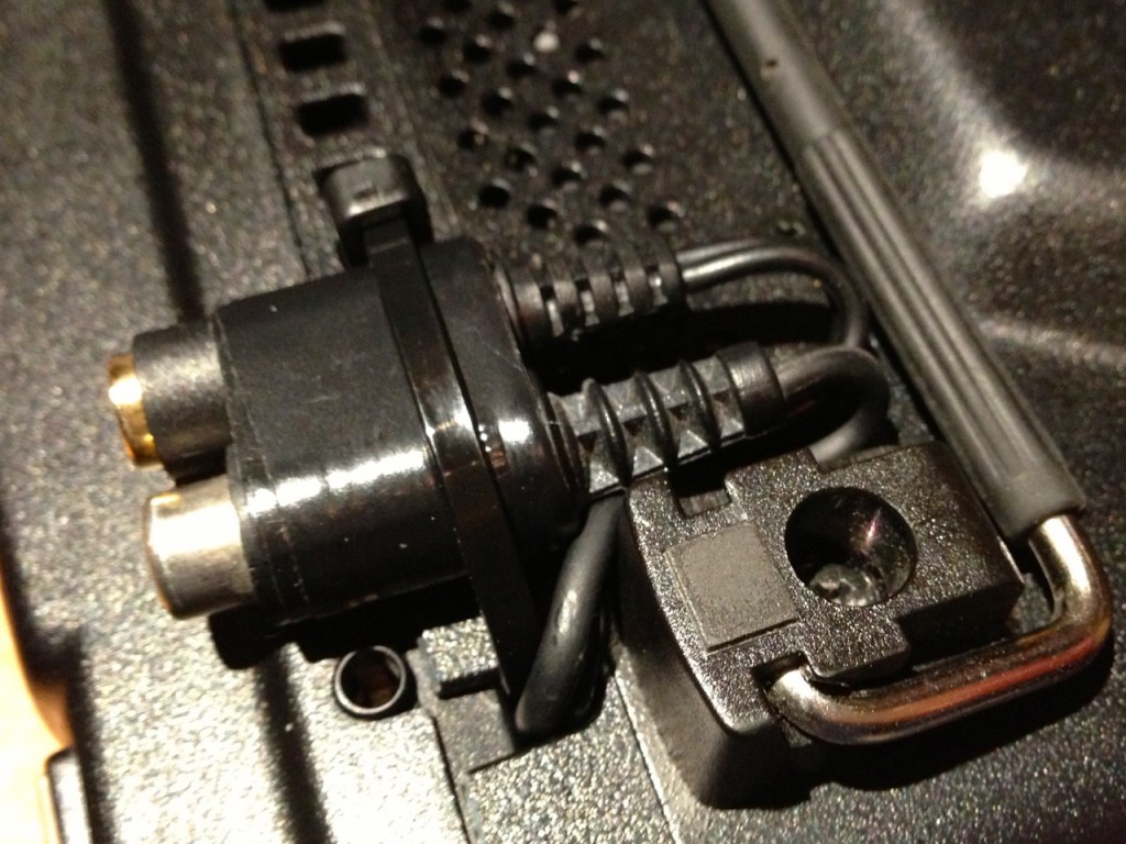 Close-up of mic and PTT input jacks on the 857.