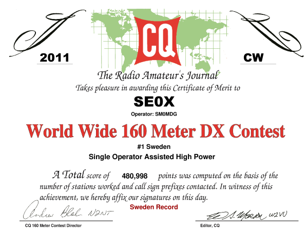 SE0X CQ160 2011 CW Certificate