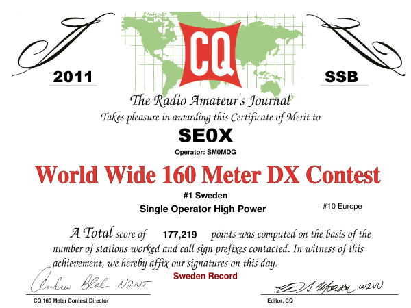 SE0X CQ160 2011 SSB Certificate