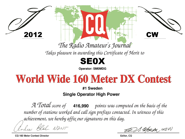 SE0X CQ160 2012 CW Certificate