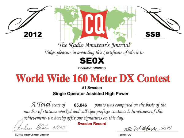 SE0X CQ160 012 SSB Certificate